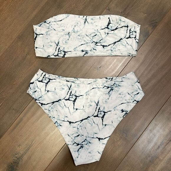 ZAFUL Marble Print High Waisted Bandeau Bikini Set | white | size M - Picture 6 of 7